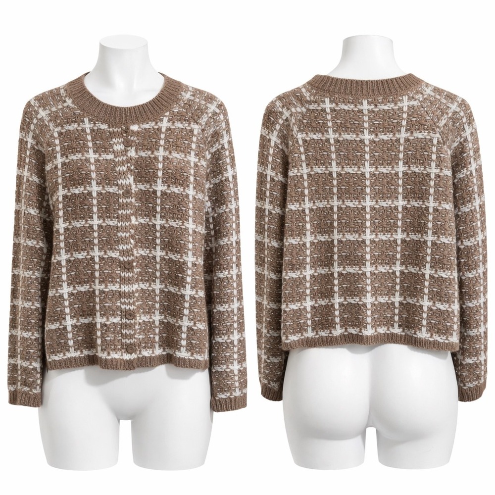 Michelle Nicole Taupe Plaid Knit Cardigan Sweater Wool Blend Shimmer Large
